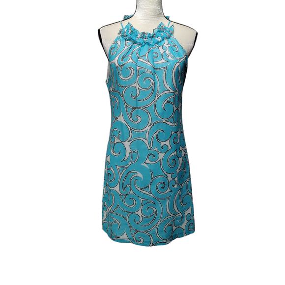 Milly of New York Women's Sz 6 Blue Cotton Halter Sheath Dress Ruffle Neck - Picture 1 of 10
